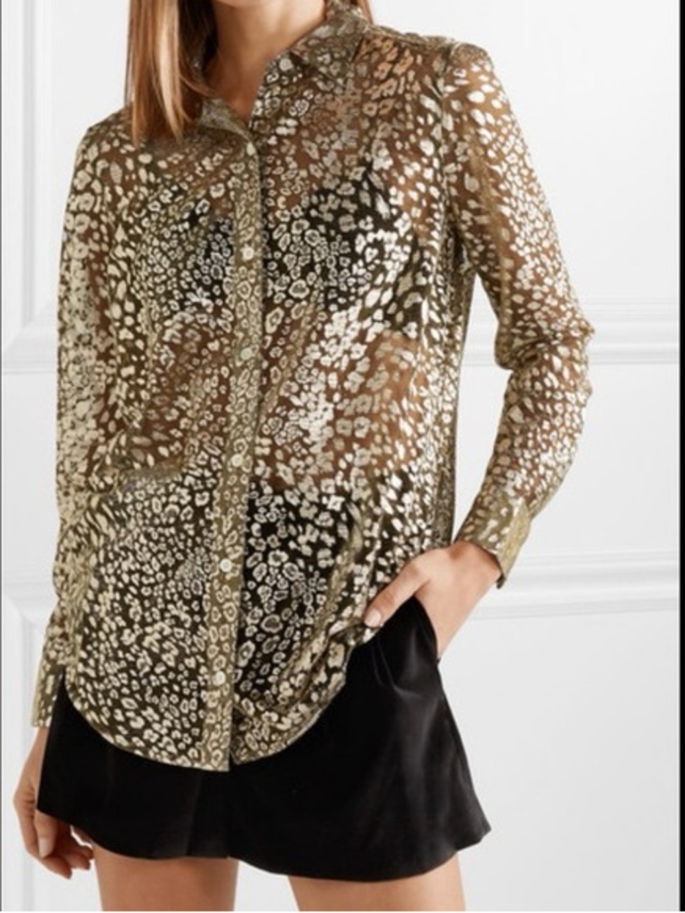 Equipment Silver and Black Metallic Leopard Button-Up Blouse
